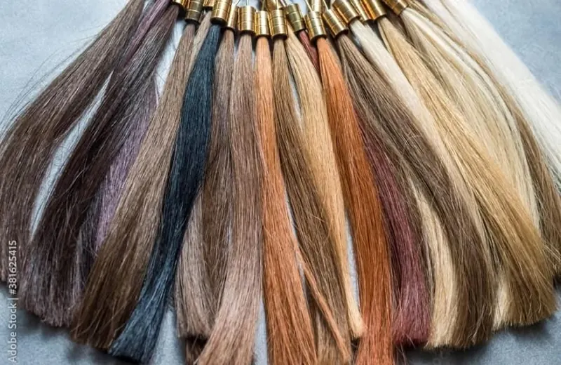 Extension hair color swatches in blonde, brunette and copper shades at Palm Beach Hair Co.